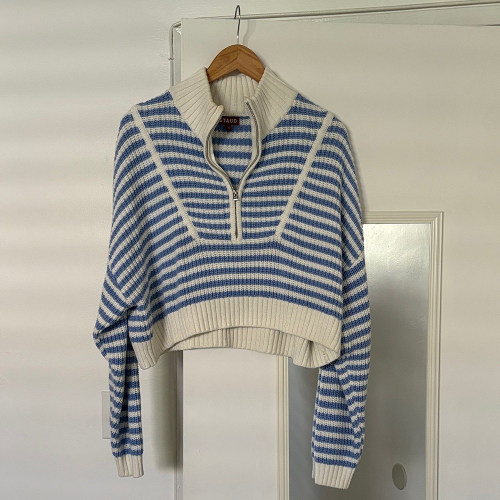 STAUD Cropped Hampton Sweater, Blue and White Striped